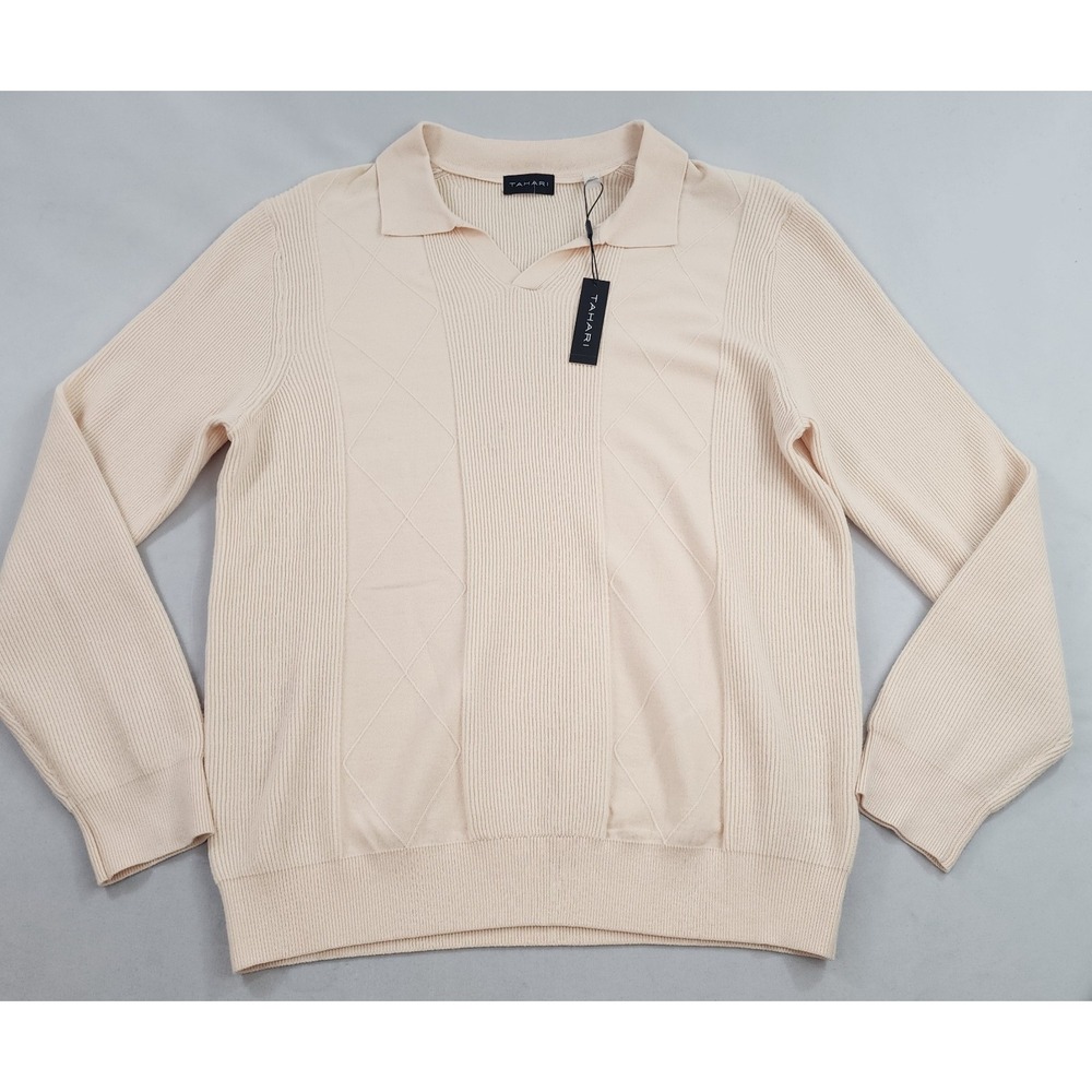 Tahari sweater mens L Large collared pullover pink almond H506103M 55299 $78